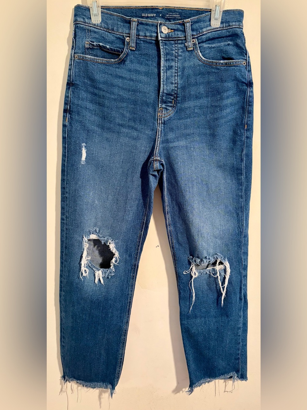 Women’s Old Navy Dark Blue Sky High Straight Distressed Jeans Destroyed Hem Sz 8